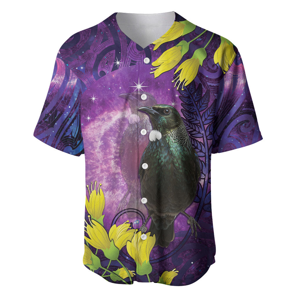 New Zealand Tui Bird Matariki Baseball Jersey Kowhai Flower Silver Fern Galaxy Maori Pattern LT22 Purple - Polynesian Pride