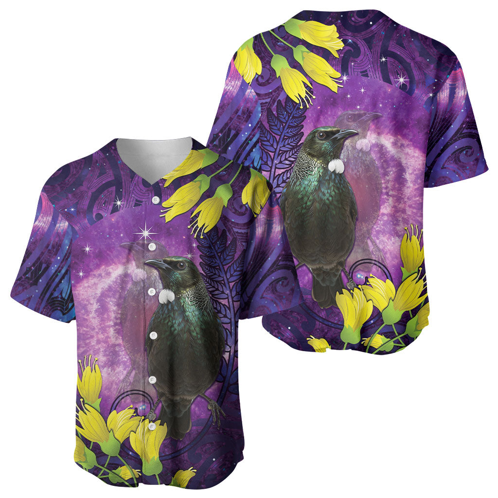 New Zealand Tui Bird Matariki Baseball Jersey Kowhai Flower Silver Fern Galaxy Maori Pattern LT22 - Polynesian Pride