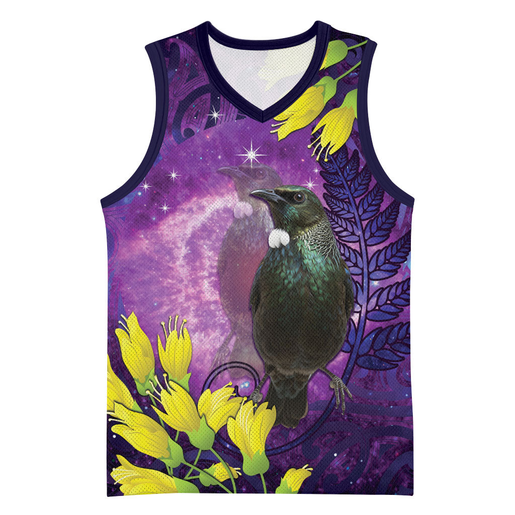 New Zealand Tui Bird Matariki Basketball Jersey Kowhai Flower Silver Fern Galaxy Maori Pattern LT22 Unisex Purple - Polynesian Pride
