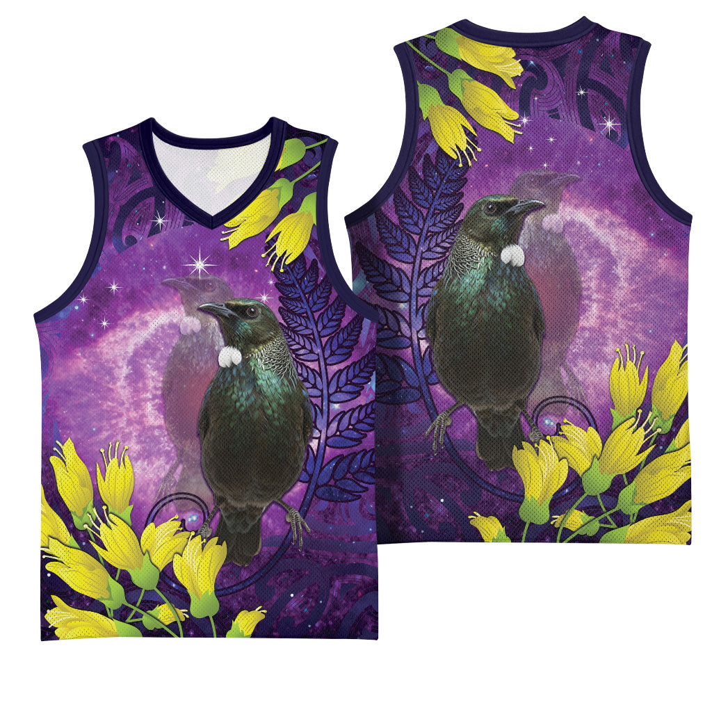 New Zealand Tui Bird Matariki Basketball Jersey Kowhai Flower Silver Fern Galaxy Maori Pattern LT22 - Polynesian Pride