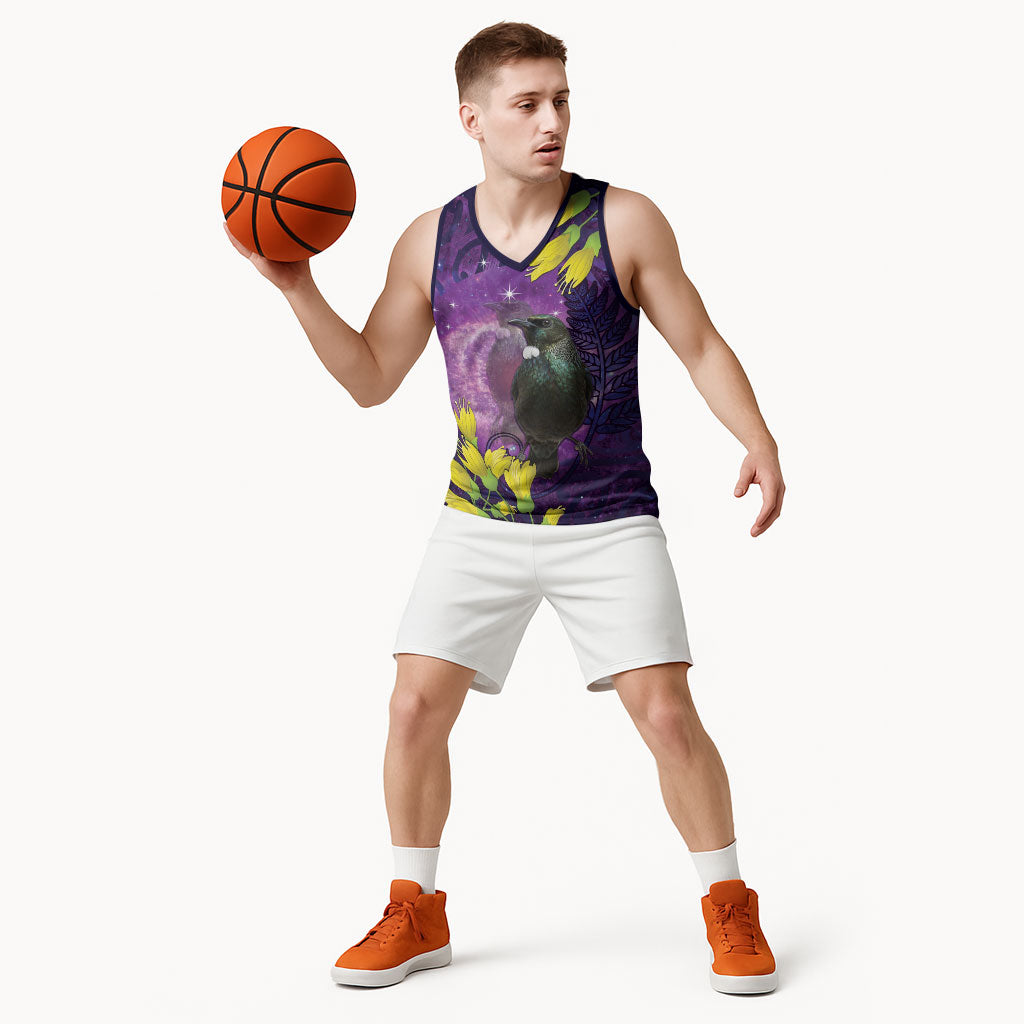 New Zealand Tui Bird Matariki Basketball Jersey Kowhai Flower Silver Fern Galaxy Maori Pattern LT22 - Polynesian Pride