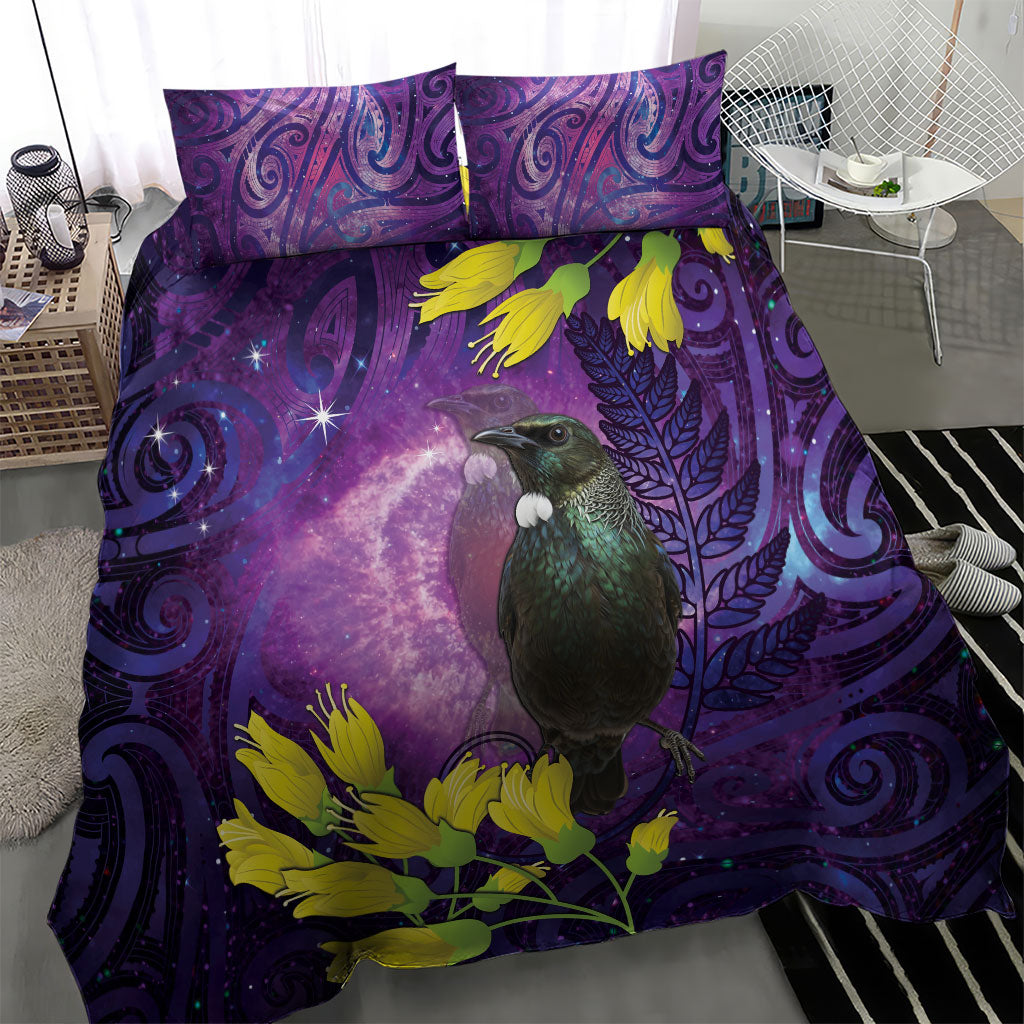 New Zealand Tui Bird Matariki Bedding Set Kowhai Flower Silver Fern Galaxy Maori Pattern LT22 - Polynesian Pride