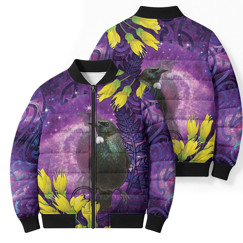 New Zealand Tui Bird Matariki Bomber Puffer Jacket Kowhai Flower Silver Fern Galaxy Maori Pattern LT22 - Polynesian Pride