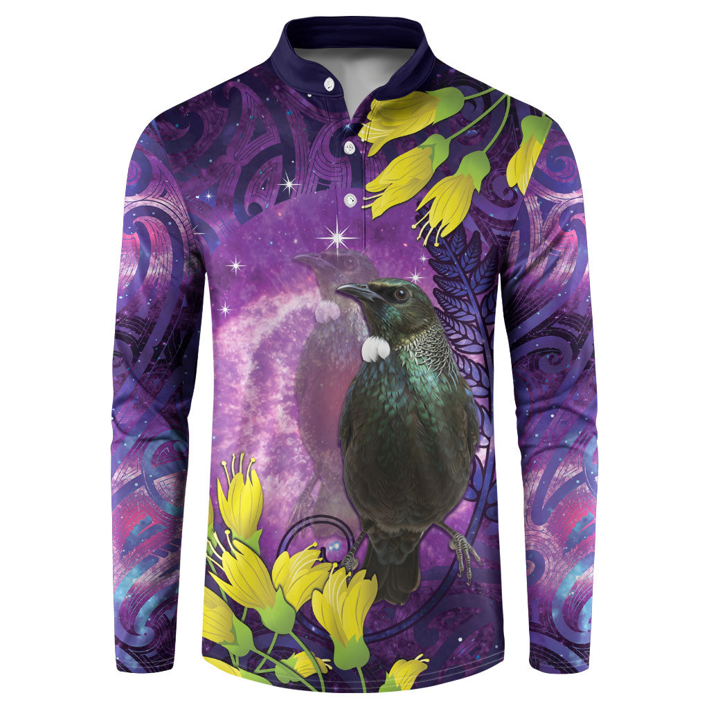 New Zealand Tui Bird Matariki Button Sweatshirt Kowhai Flower Silver Fern Galaxy Maori Pattern LT22 Purple - Polynesian Pride