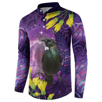 New Zealand Tui Bird Matariki Button Sweatshirt Kowhai Flower Silver Fern Galaxy Maori Pattern LT22 - Polynesian Pride