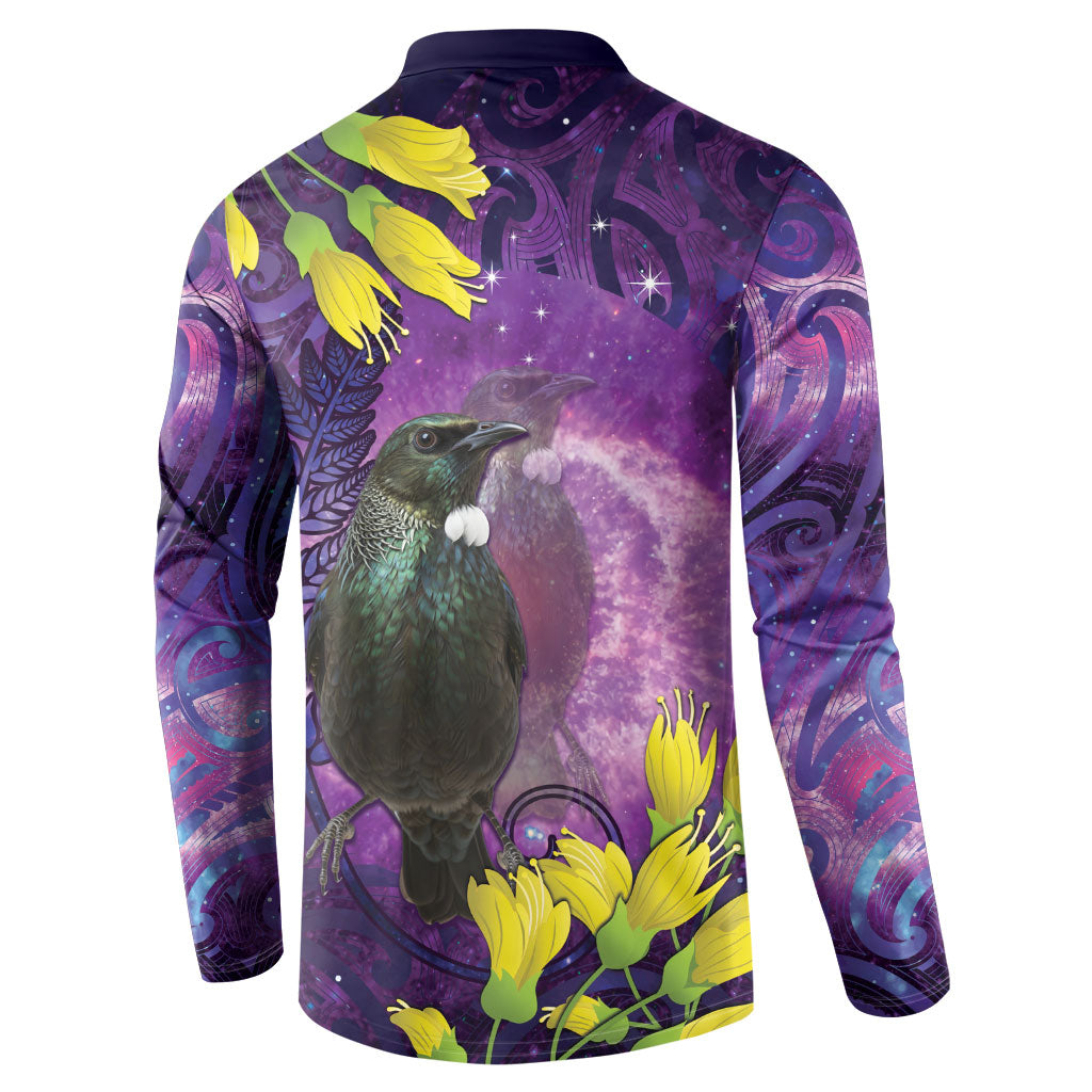 New Zealand Tui Bird Matariki Button Sweatshirt Kowhai Flower Silver Fern Galaxy Maori Pattern LT22 - Polynesian Pride