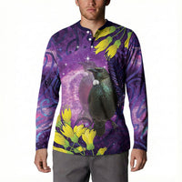 New Zealand Tui Bird Matariki Button Sweatshirt Kowhai Flower Silver Fern Galaxy Maori Pattern LT22 - Polynesian Pride