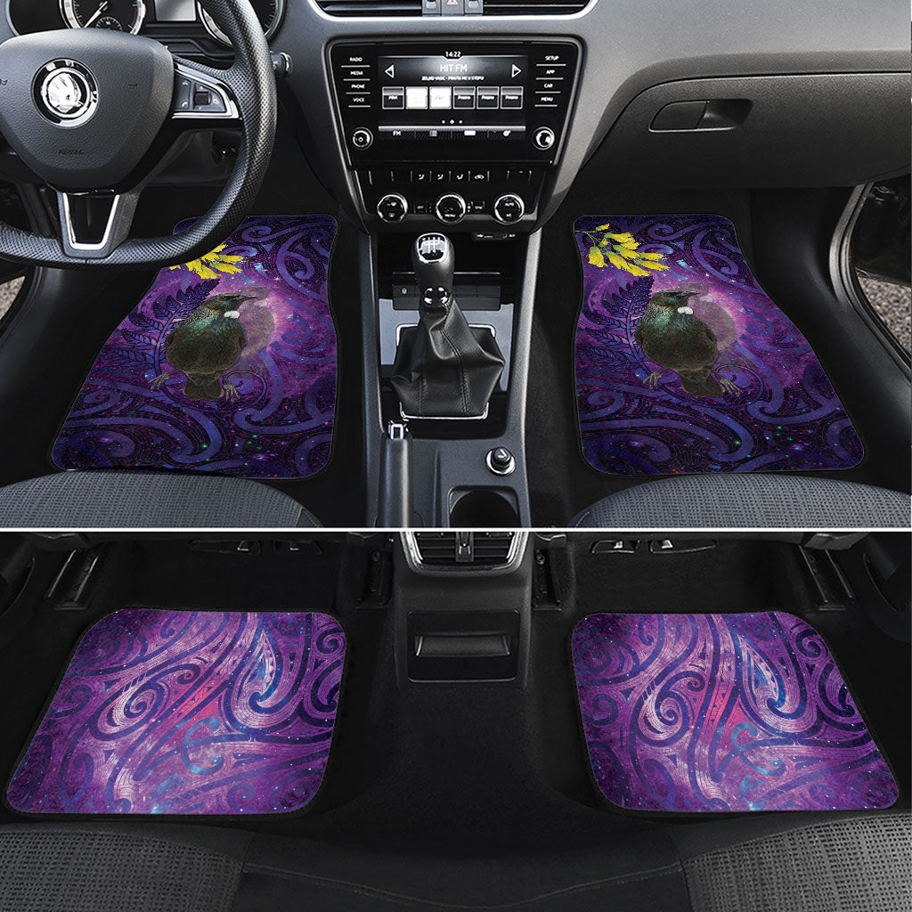 New Zealand Tui Bird Matariki Car Mats Kowhai Flower Silver Fern Galaxy Maori Pattern LT22 Set 4pcs Purple - Polynesian Pride