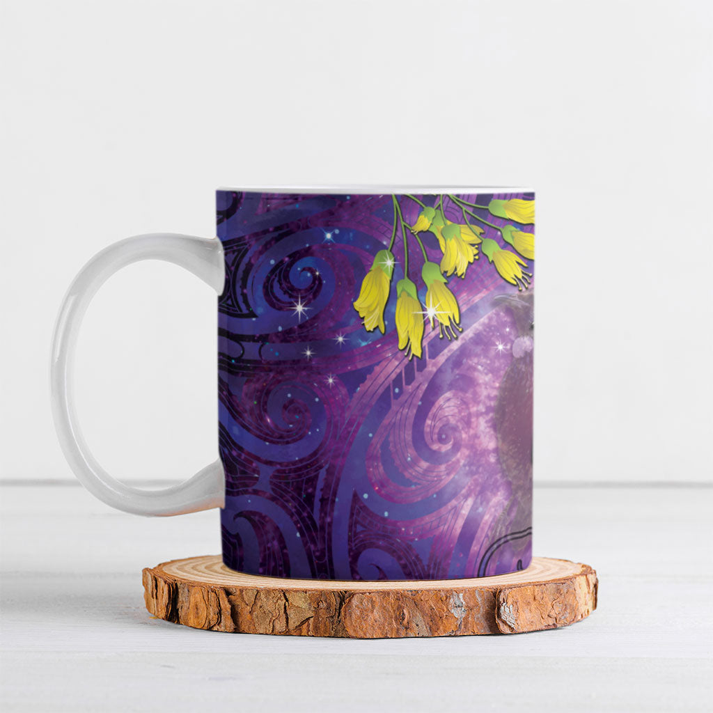 New Zealand Tui Bird Matariki Ceramic Mug Kowhai Flower Silver Fern Galaxy Maori Pattern