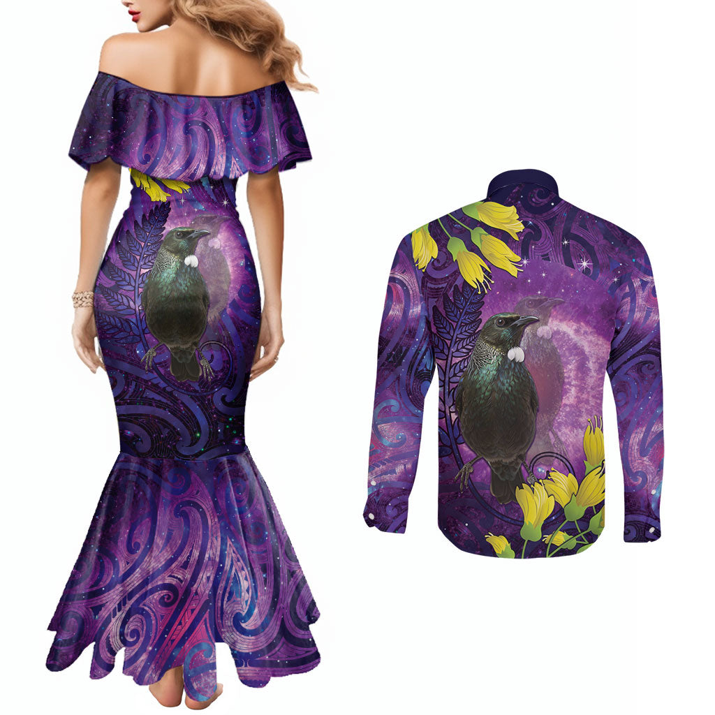 New Zealand Tui Bird Matariki Couples Matching Mermaid Dress and Long Sleeve Button Shirt Kowhai Flower Silver Fern Galaxy Maori Pattern LT22 - Polynesian Pride