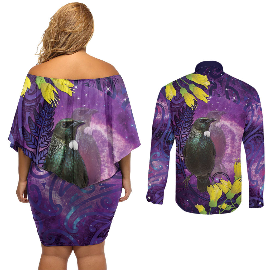New Zealand Tui Bird Matariki Couples Matching Off Shoulder Short Dress and Long Sleeve Button Shirt Kowhai Flower Silver Fern Galaxy Maori Pattern LT22 - Polynesian Pride