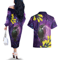 New Zealand Tui Bird Matariki Couples Matching Off The Shoulder Long Sleeve Dress and Hawaiian Shirt Kowhai Flower Silver Fern Galaxy Maori Pattern LT22 - Polynesian Pride