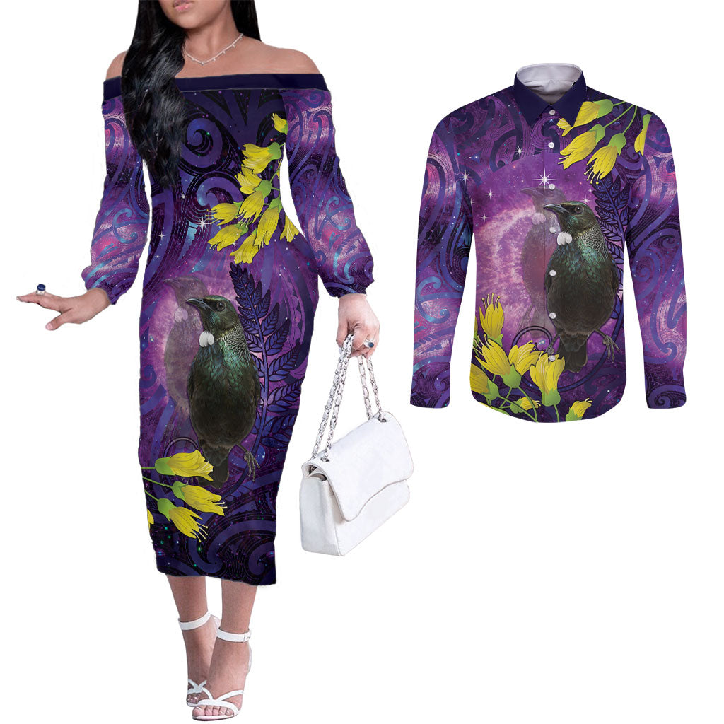 New Zealand Tui Bird Matariki Couples Matching Off The Shoulder Long Sleeve Dress and Long Sleeve Button Shirt Kowhai Flower Silver Fern Galaxy Maori Pattern LT22 Purple - Polynesian Pride