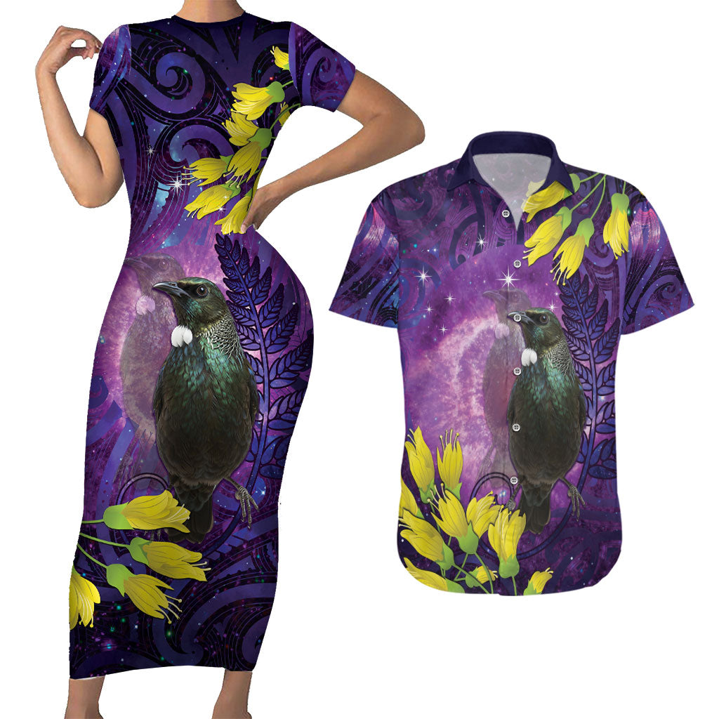 New Zealand Tui Bird Matariki Couples Matching Short Sleeve Bodycon Dress and Hawaiian Shirt Kowhai Flower Silver Fern Galaxy Maori Pattern LT22 Purple - Polynesian Pride
