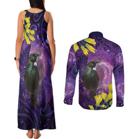 New Zealand Tui Bird Matariki Couples Matching Tank Maxi Dress and Long Sleeve Button Shirt Kowhai Flower Silver Fern Galaxy Maori Pattern LT22 - Polynesian Pride