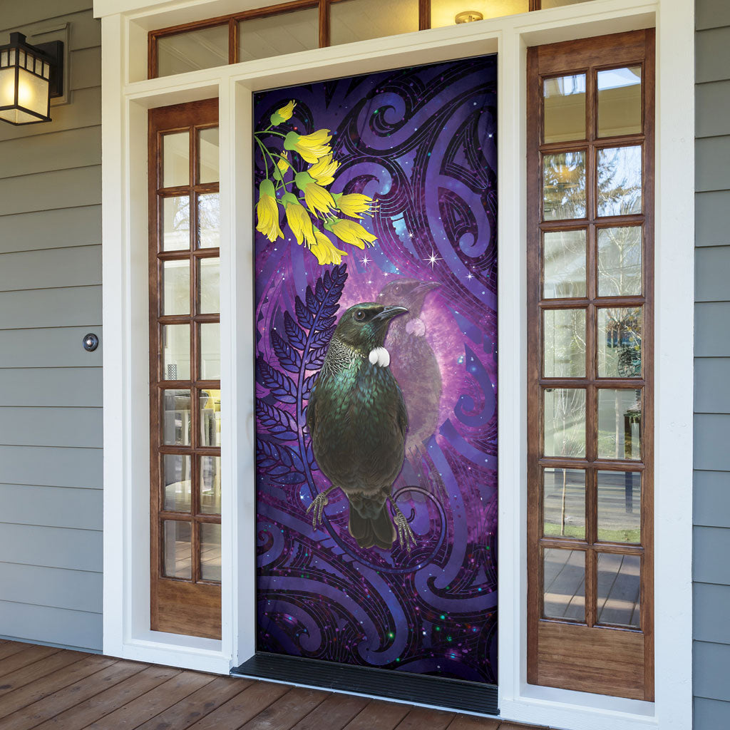 New Zealand Tui Bird Matariki Door Cover Kowhai Flower Silver Fern Galaxy Maori Pattern LT22 - Polynesian Pride
