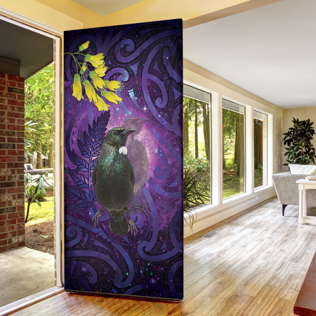 New Zealand Tui Bird Matariki Door Cover Kowhai Flower Silver Fern Galaxy Maori Pattern LT22 - Polynesian Pride