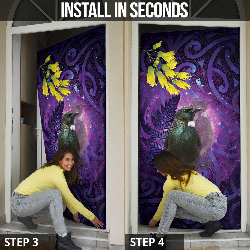New Zealand Tui Bird Matariki Door Cover Kowhai Flower Silver Fern Galaxy Maori Pattern LT22 - Polynesian Pride