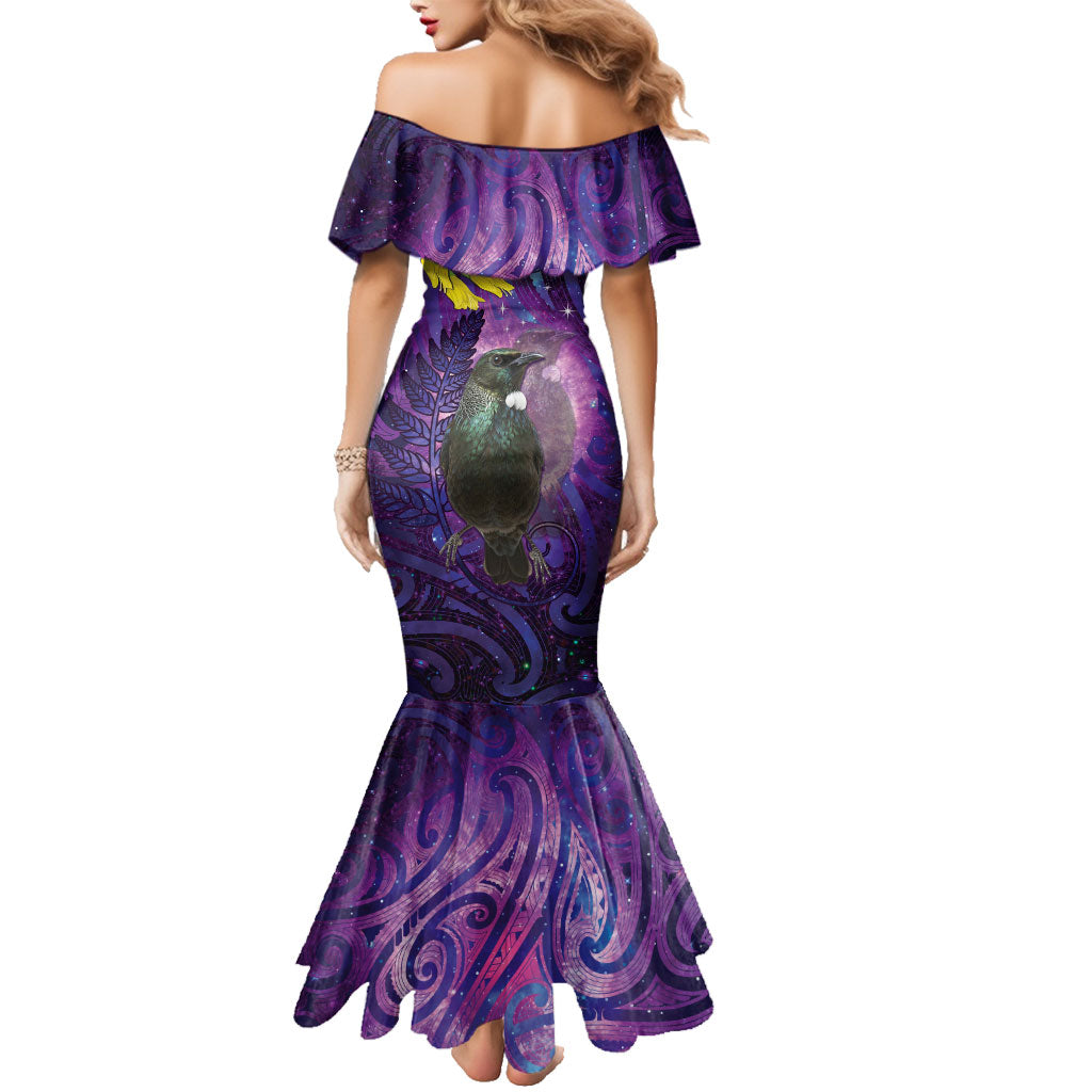 New Zealand Tui Bird Matariki Family Matching Mermaid Dress and Hawaiian Shirt Kowhai Flower Silver Fern Galaxy Maori Pattern LT22 - Polynesian Pride