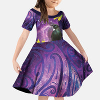 New Zealand Tui Bird Matariki Family Matching Off The Shoulder Long Sleeve Dress and Hawaiian Shirt Kowhai Flower Silver Fern Galaxy Maori Pattern LT22 Daughter's Dress Purple - Polynesian Pride