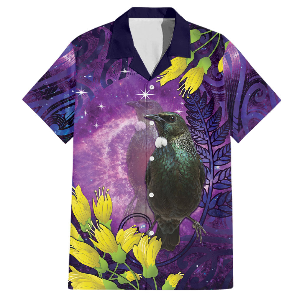 New Zealand Tui Bird Matariki Family Matching Off Shoulder Short Dress and Hawaiian Shirt Kowhai Flower Silver Fern Galaxy Maori Pattern LT22 Dad's Shirt - Short Sleeve Purple - Polynesian Pride