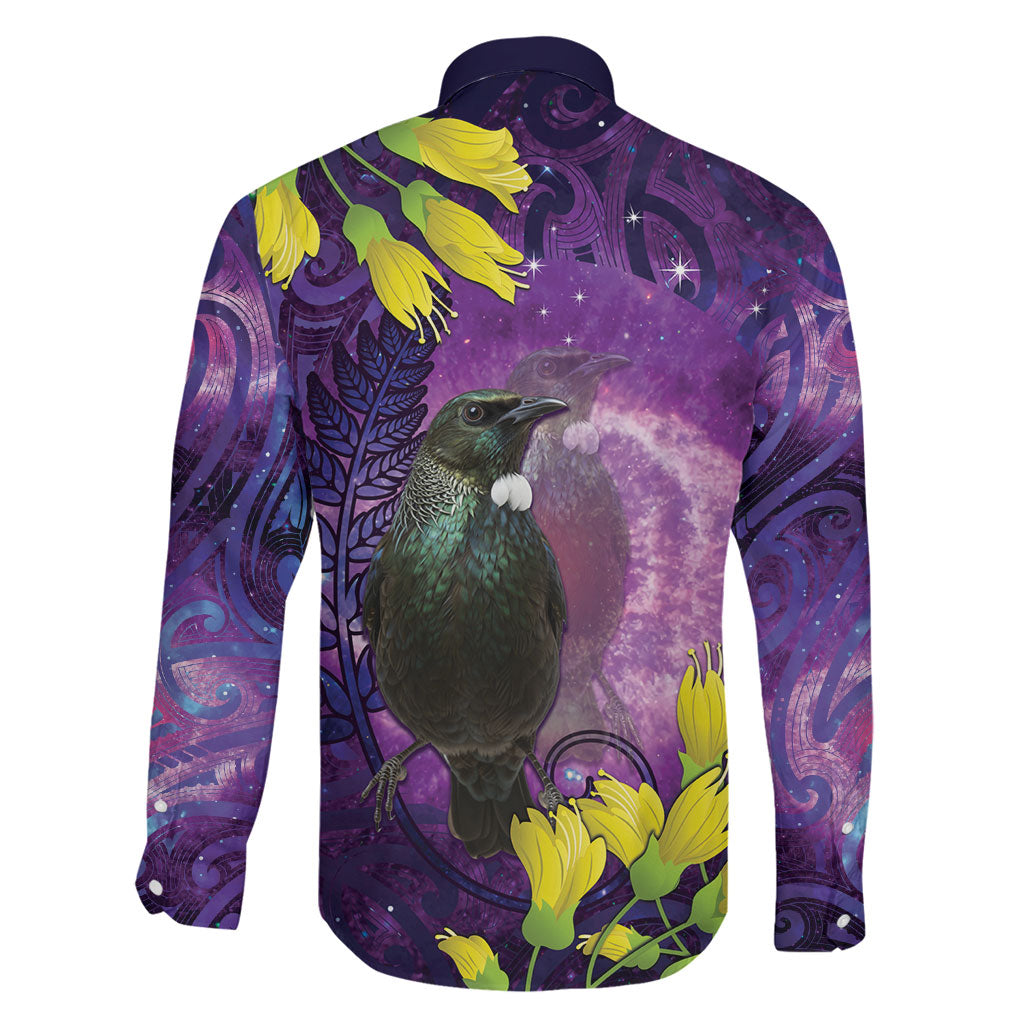 New Zealand Tui Bird Matariki Family Matching Off Shoulder Short Dress and Hawaiian Shirt Kowhai Flower Silver Fern Galaxy Maori Pattern LT22 - Polynesian Pride