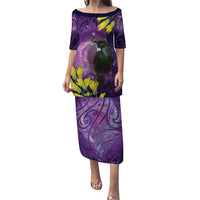 New Zealand Tui Bird Matariki Family Matching Puletasi and Hawaiian Shirt Kowhai Flower Silver Fern Galaxy Maori Pattern LT22 Mom's Dress Purple - Polynesian Pride