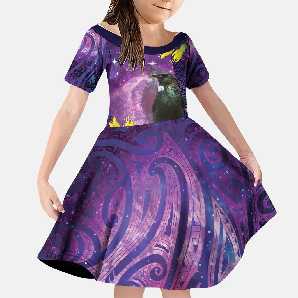 New Zealand Tui Bird Matariki Family Matching Short Sleeve Bodycon Dress and Hawaiian Shirt Kowhai Flower Silver Fern Galaxy Maori Pattern LT22 Daughter's Dress Purple - Polynesian Pride