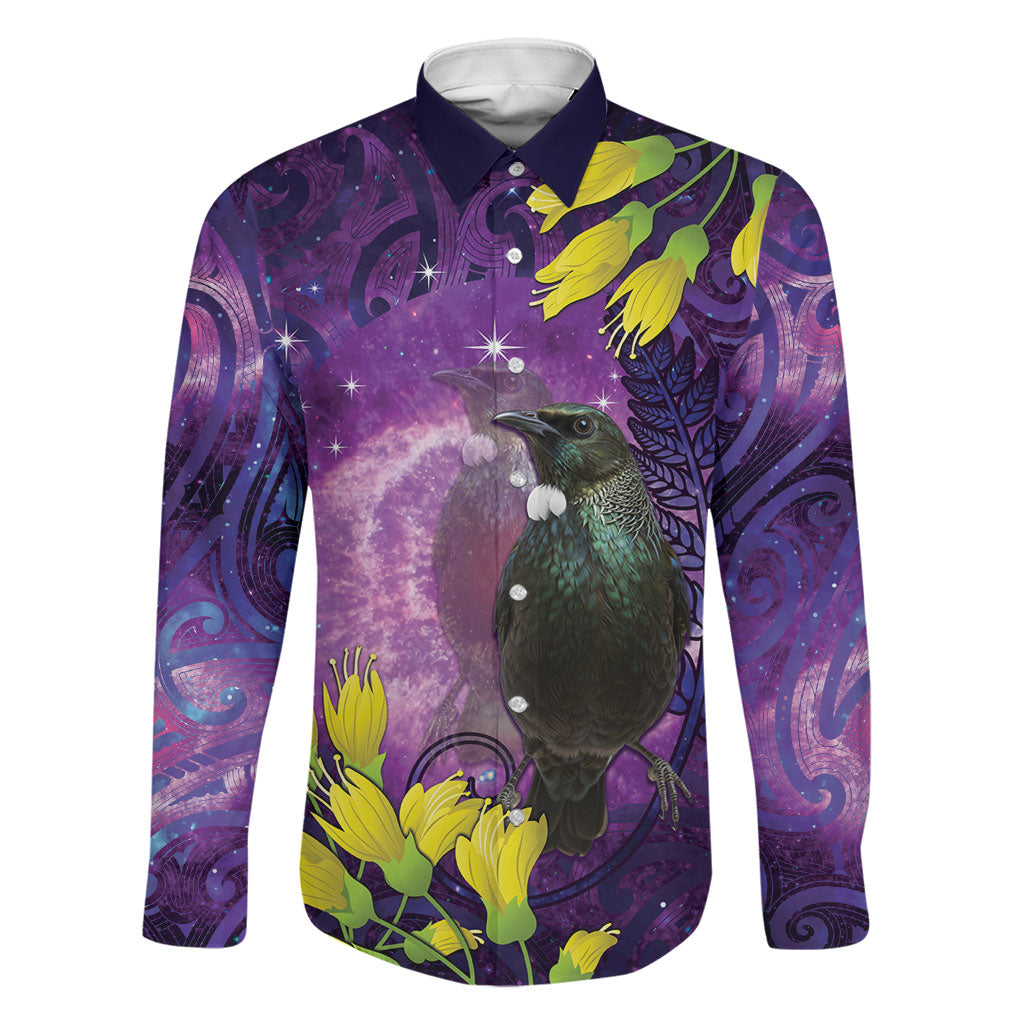 New Zealand Tui Bird Matariki Family Matching Short Sleeve Bodycon Dress and Hawaiian Shirt Kowhai Flower Silver Fern Galaxy Maori Pattern LT22 Dad's Shirt - Long Sleeve Purple - Polynesian Pride