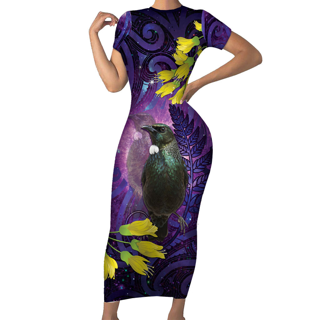 New Zealand Tui Bird Matariki Family Matching Short Sleeve Bodycon Dress and Hawaiian Shirt Kowhai Flower Silver Fern Galaxy Maori Pattern LT22 Mom's Dress Purple - Polynesian Pride