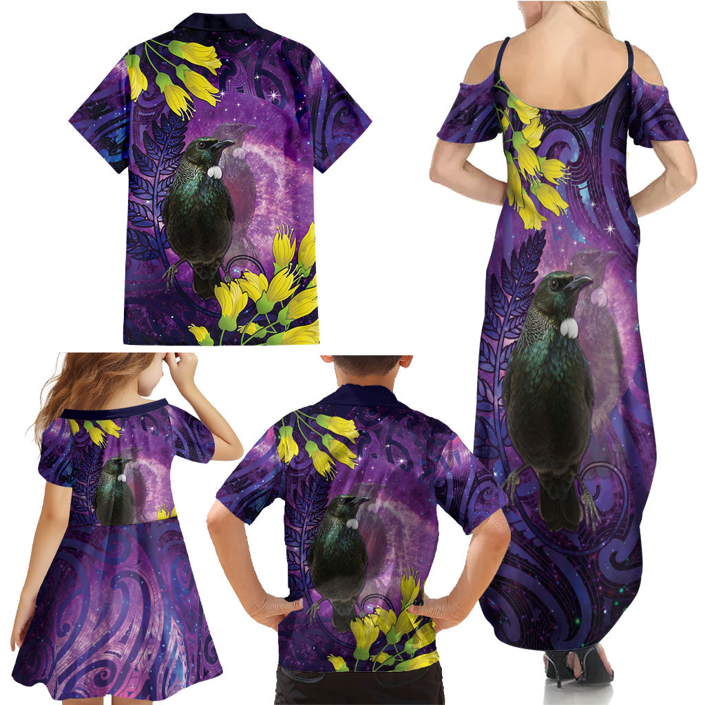 New Zealand Tui Bird Matariki Family Matching Summer Maxi Dress and Hawaiian Shirt Kowhai Flower Silver Fern Galaxy Maori Pattern LT22 - Polynesian Pride