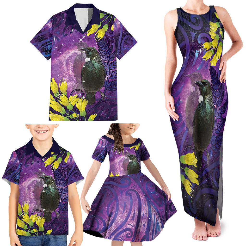 New Zealand Tui Bird Matariki Family Matching Tank Maxi Dress and Hawaiian Shirt Kowhai Flower Silver Fern Galaxy Maori Pattern LT22 - Polynesian Pride