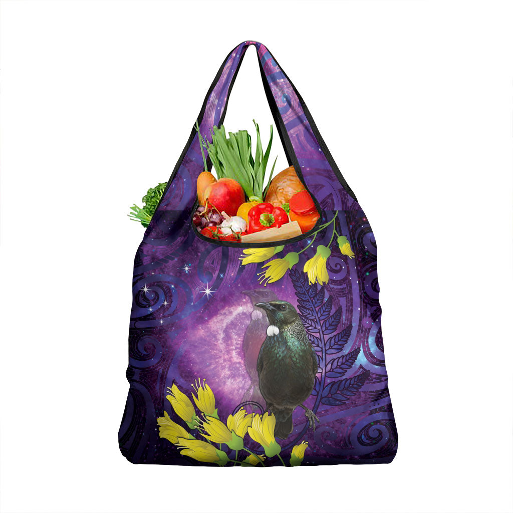 New Zealand Tui Bird Matariki Grocery Bag Kowhai Flower Silver Fern Galaxy Maori Pattern