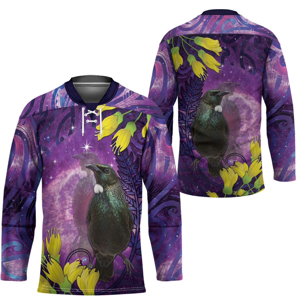 New Zealand Tui Bird Matariki Hockey Jersey Kowhai Flower Silver Fern Galaxy Maori Pattern LT22 - Polynesian Pride