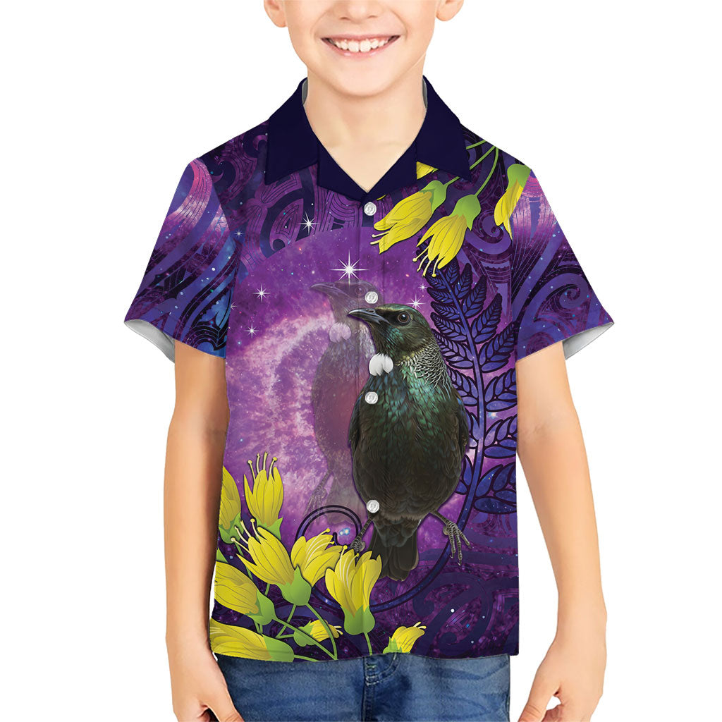 New Zealand Tui Bird Matariki Kid Hawaiian Shirt Kowhai Flower Silver Fern Galaxy Maori Pattern LT22 Kid Purple - Polynesian Pride