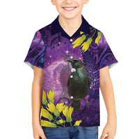 New Zealand Tui Bird Matariki Kid Hawaiian Shirt Kowhai Flower Silver Fern Galaxy Maori Pattern LT22 Kid Purple - Polynesian Pride