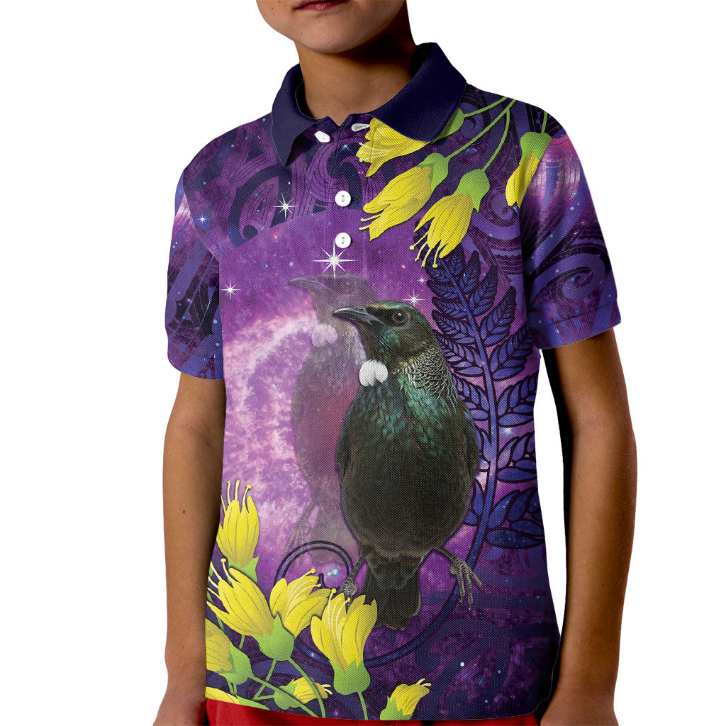 New Zealand Tui Bird Matariki Kid Polo Shirt Kowhai Flower Silver Fern Galaxy Maori Pattern LT22 Kid Purple - Polynesian Pride