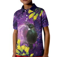 New Zealand Tui Bird Matariki Kid Polo Shirt Kowhai Flower Silver Fern Galaxy Maori Pattern LT22 Kid Purple - Polynesian Pride