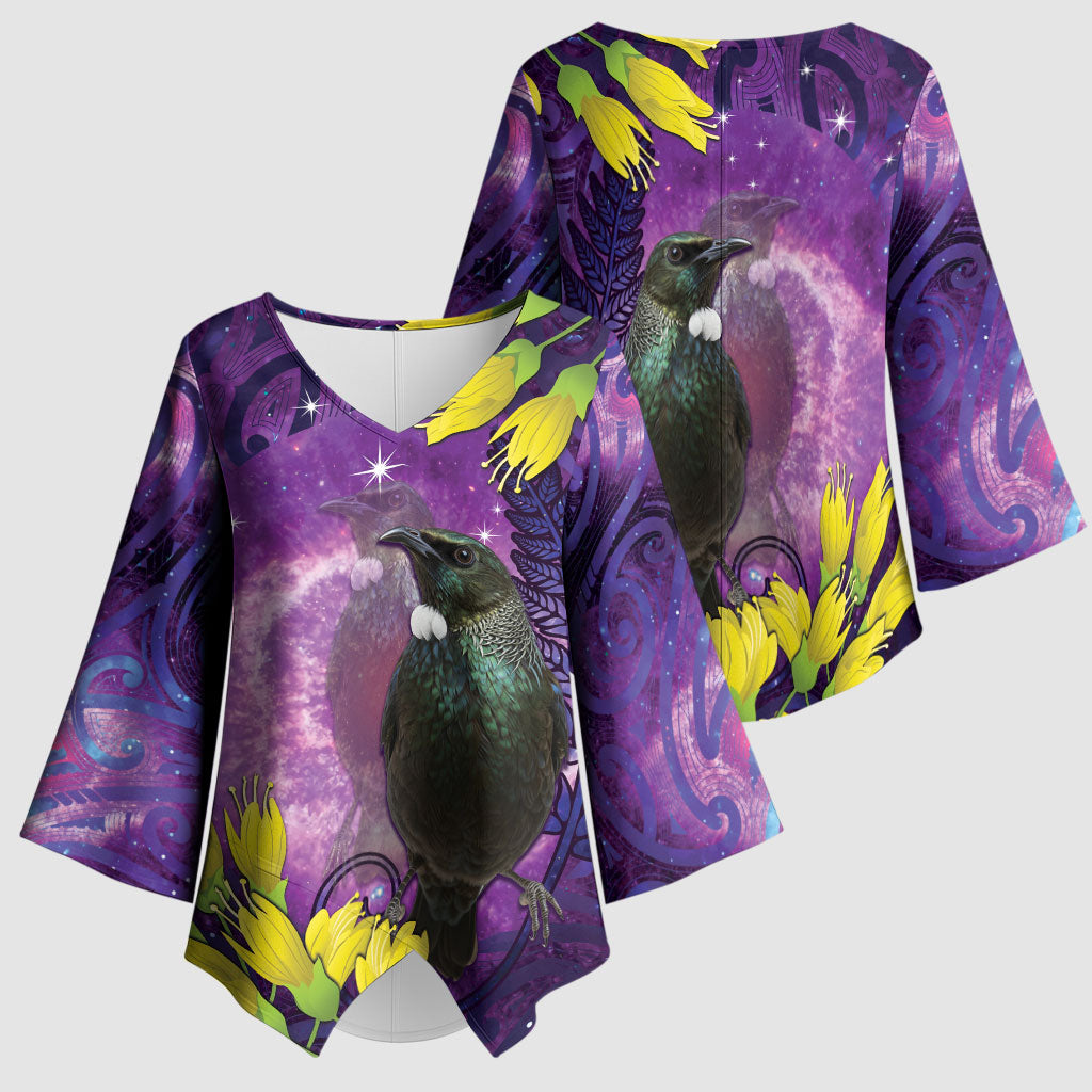 New Zealand Tui Bird Matariki Kimono Sleeve Blouse Kowhai Flower Silver Fern Galaxy Maori Pattern LT22 - Polynesian Pride