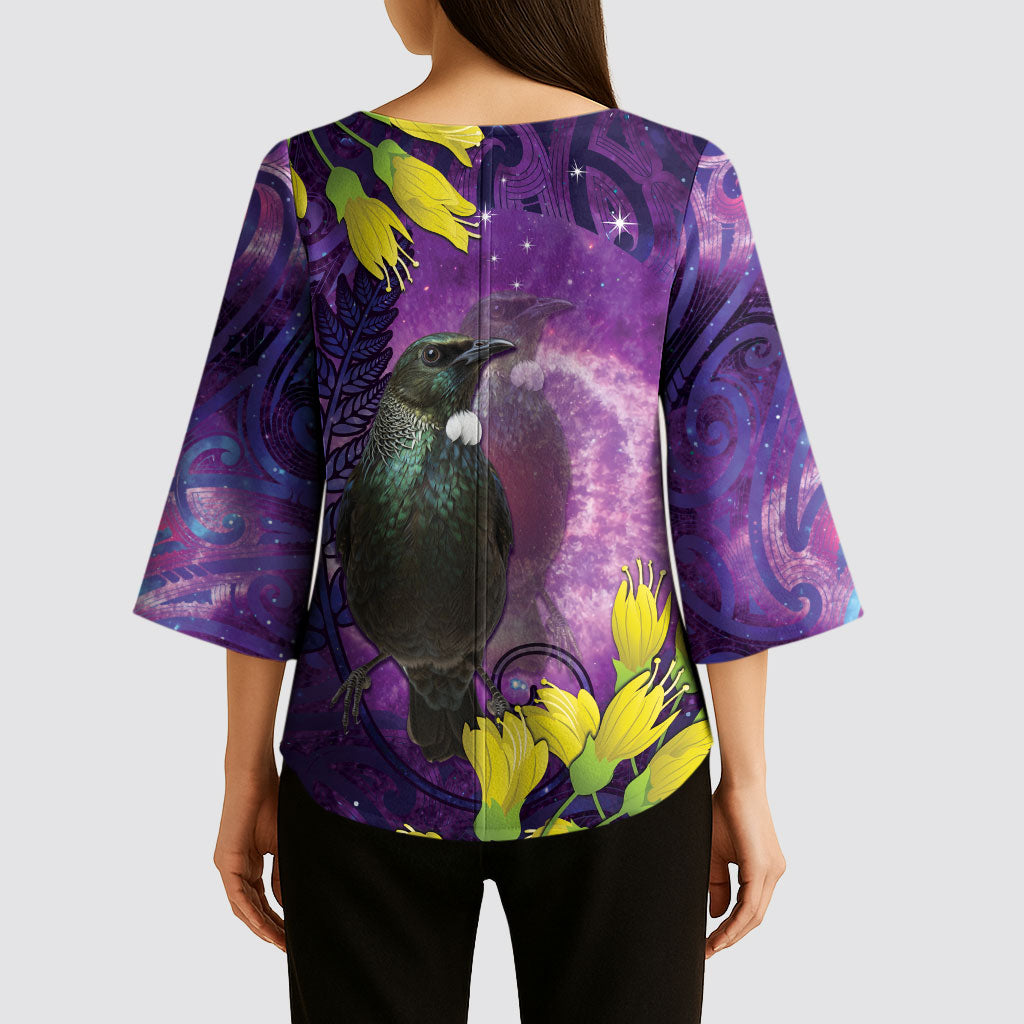 New Zealand Tui Bird Matariki Kimono Sleeve Blouse Kowhai Flower Silver Fern Galaxy Maori Pattern LT22 - Polynesian Pride