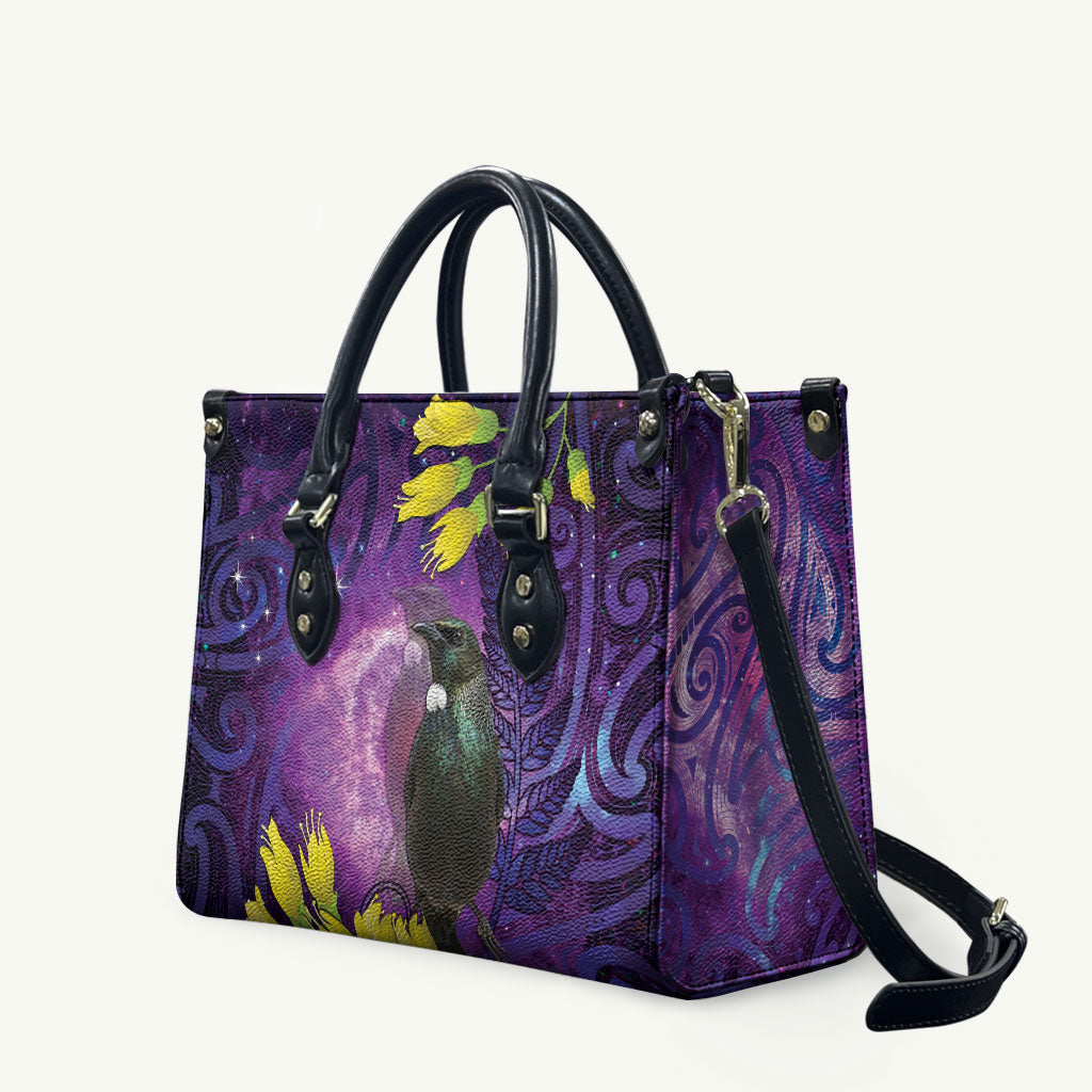 New Zealand Tui Bird Matariki Leather Bag Kowhai Flower Silver Fern Galaxy Maori Pattern LT22 Purple - Polynesian Pride