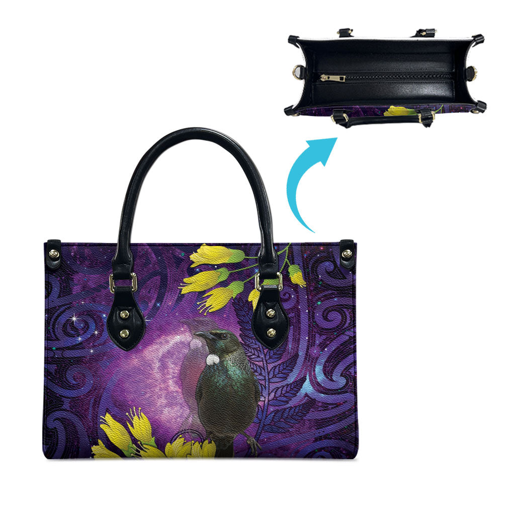New Zealand Tui Bird Matariki Leather Bag Kowhai Flower Silver Fern Galaxy Maori Pattern LT22 - Polynesian Pride