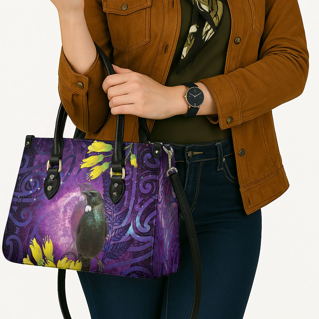 New Zealand Tui Bird Matariki Leather Bag Kowhai Flower Silver Fern Galaxy Maori Pattern LT22 - Polynesian Pride