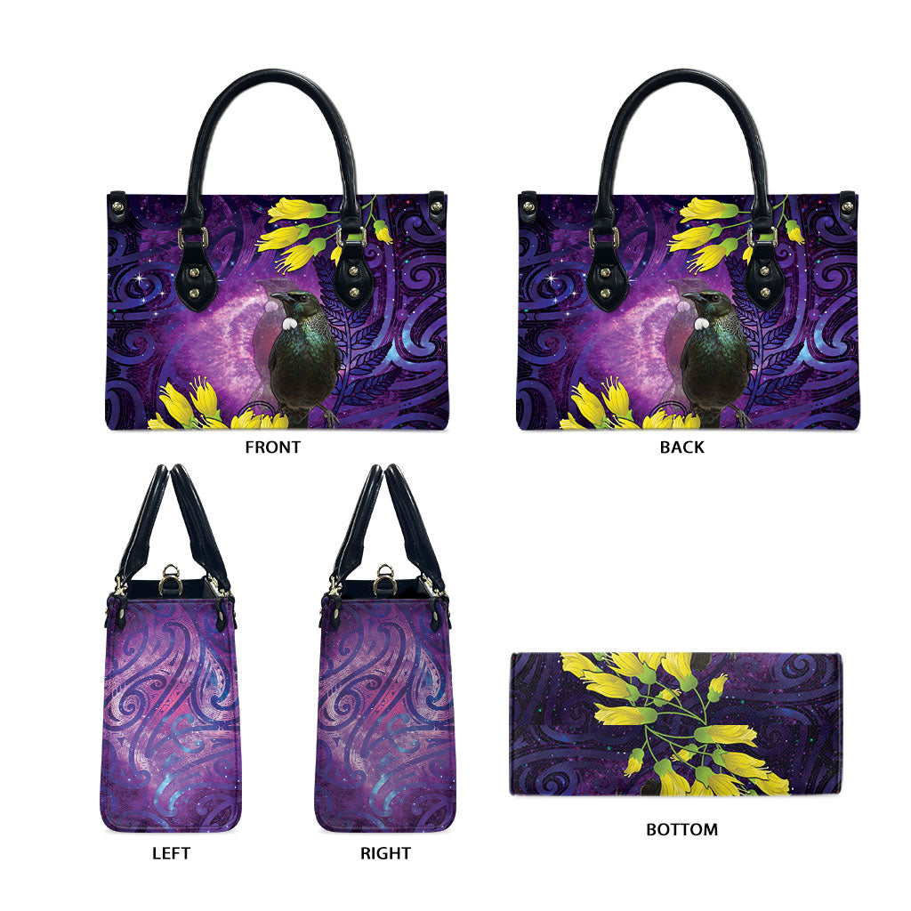 New Zealand Tui Bird Matariki Leather Bag Kowhai Flower Silver Fern Galaxy Maori Pattern LT22 - Polynesian Pride