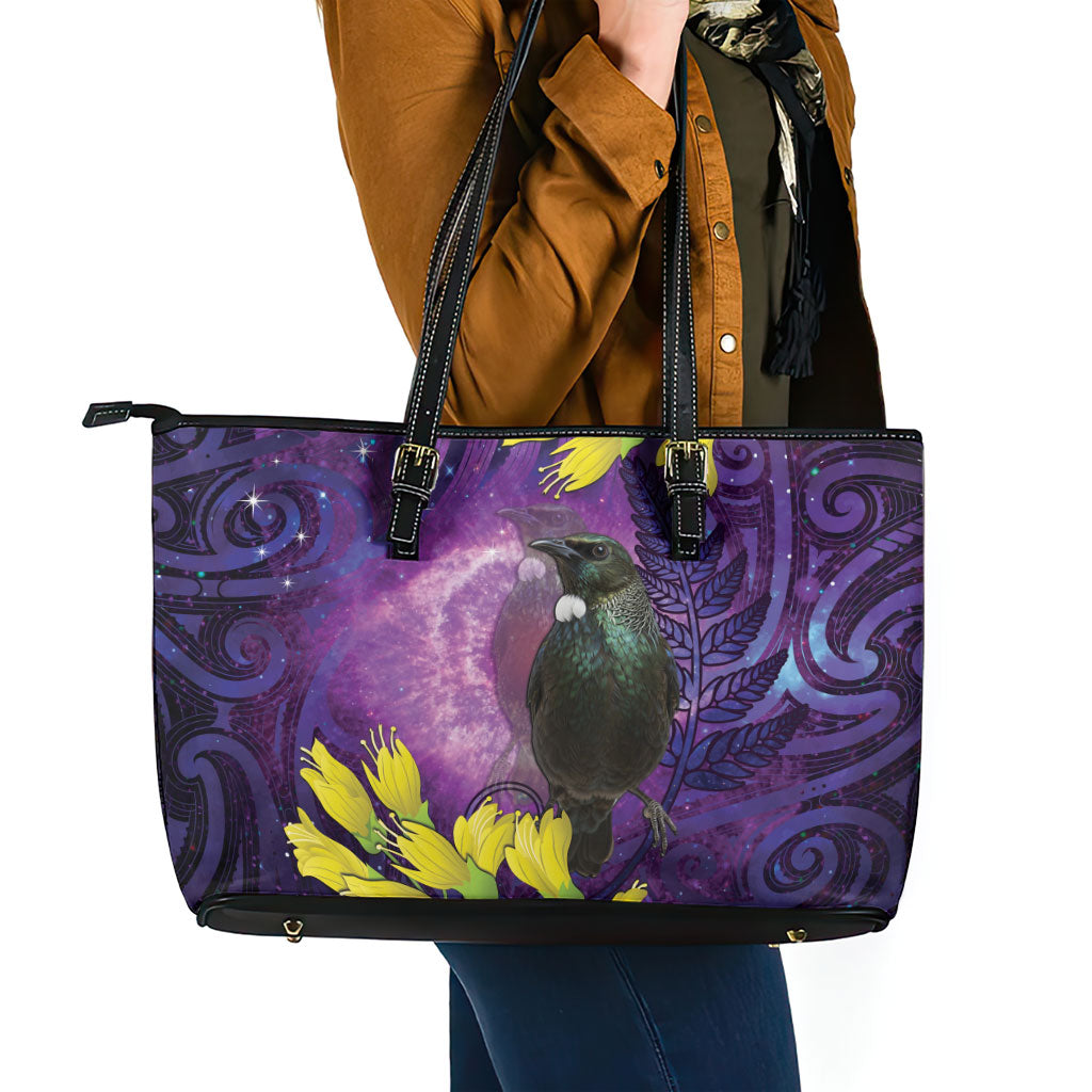 New Zealand Tui Bird Matariki Leather Tote Bag Kowhai Flower Silver Fern Galaxy Maori Pattern LT22 - Polynesian Pride