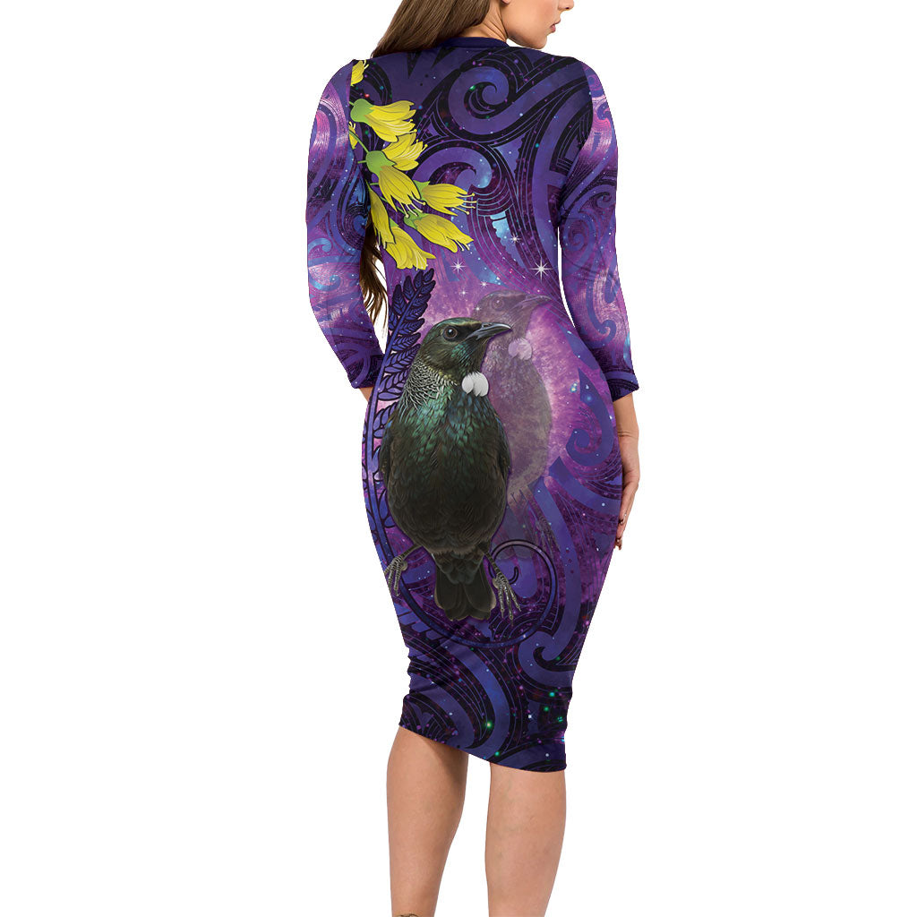New Zealand Tui Bird Matariki Long Sleeve Bodycon Dress Kowhai Flower Silver Fern Galaxy Maori Pattern LT22 - Polynesian Pride