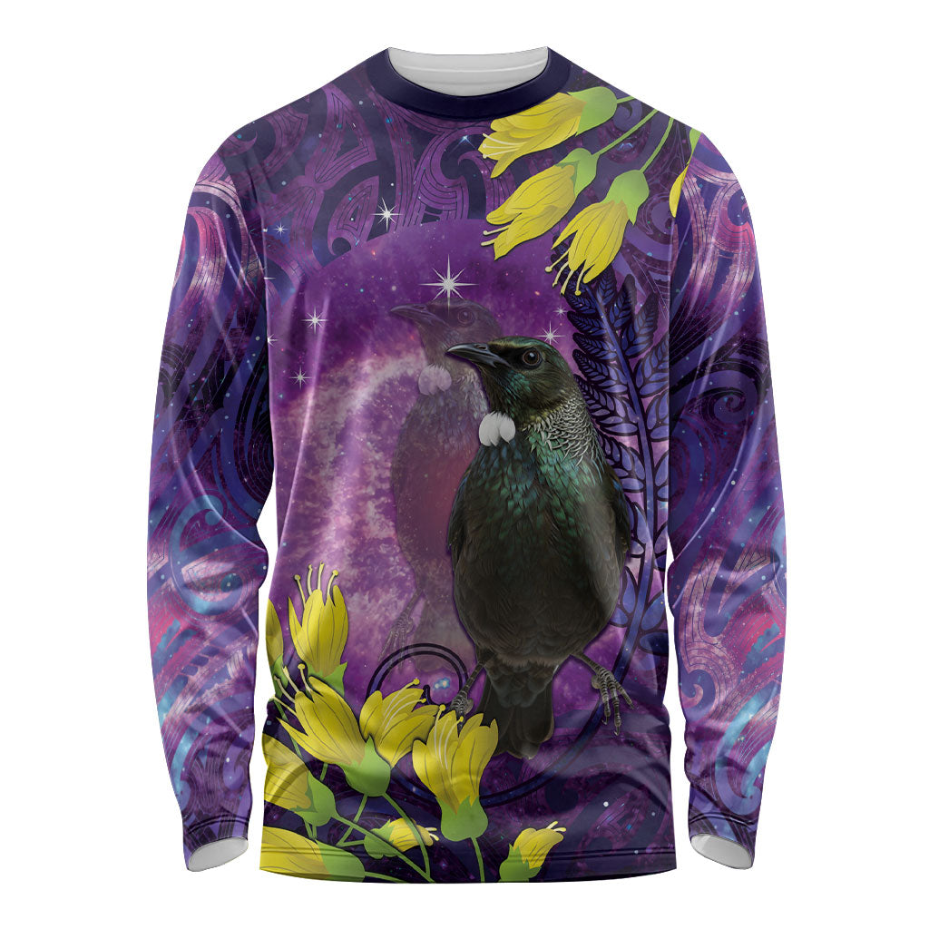 New Zealand Tui Bird Matariki Long Sleeve Shirt Kowhai Flower Silver Fern Galaxy Maori Pattern LT22 Unisex Purple - Polynesian Pride