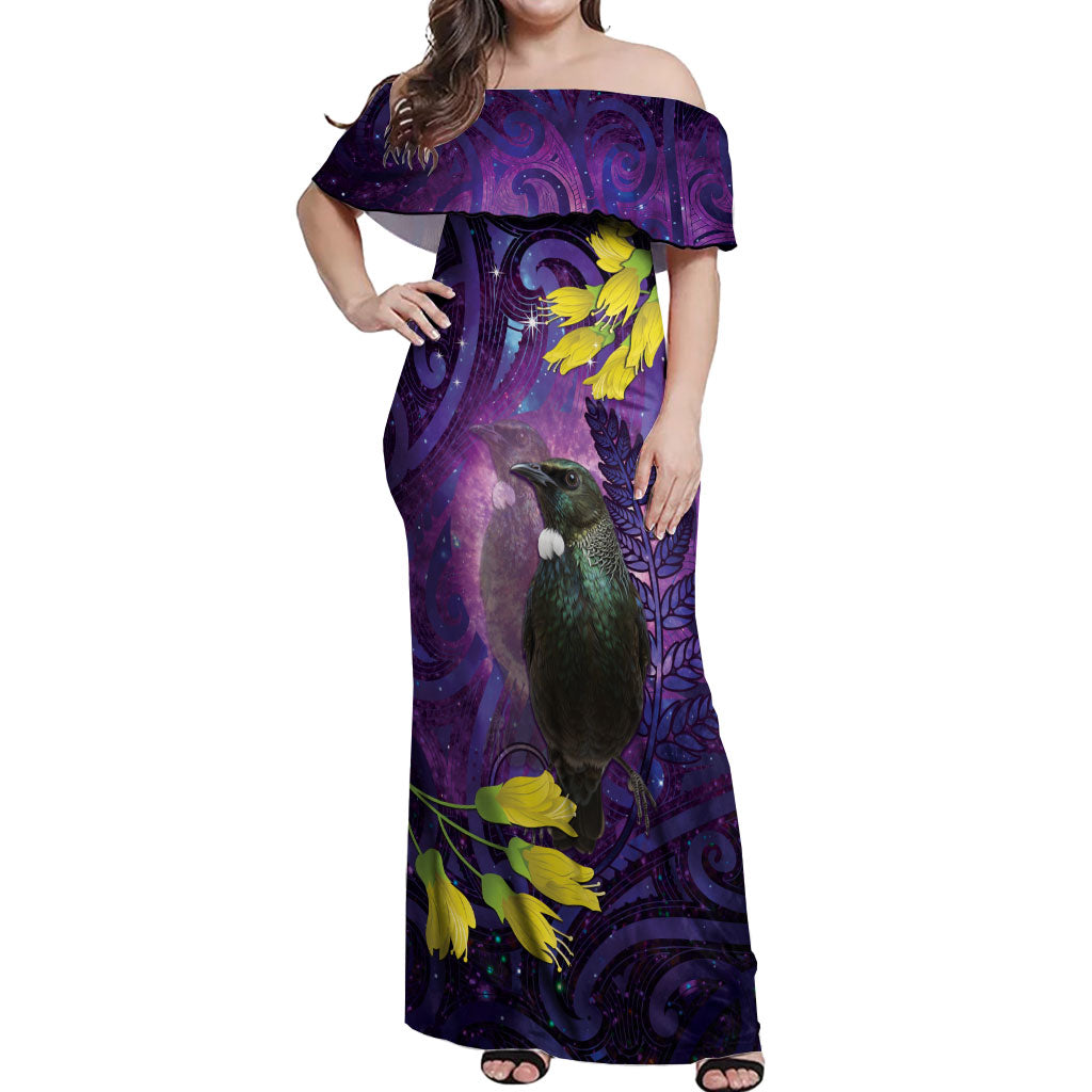 New Zealand Tui Bird Matariki Off Shoulder Maxi Dress Kowhai Flower Silver Fern Galaxy Maori Pattern LT22 Women Purple - Polynesian Pride
