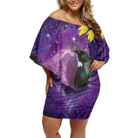 New Zealand Tui Bird Matariki Off Shoulder Short Dress Kowhai Flower Silver Fern Galaxy Maori Pattern LT22 Women Purple - Polynesian Pride