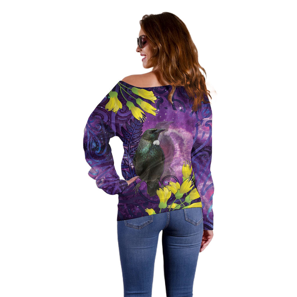 New Zealand Tui Bird Matariki Off Shoulder Sweater Kowhai Flower Silver Fern Galaxy Maori Pattern LT22 - Polynesian Pride